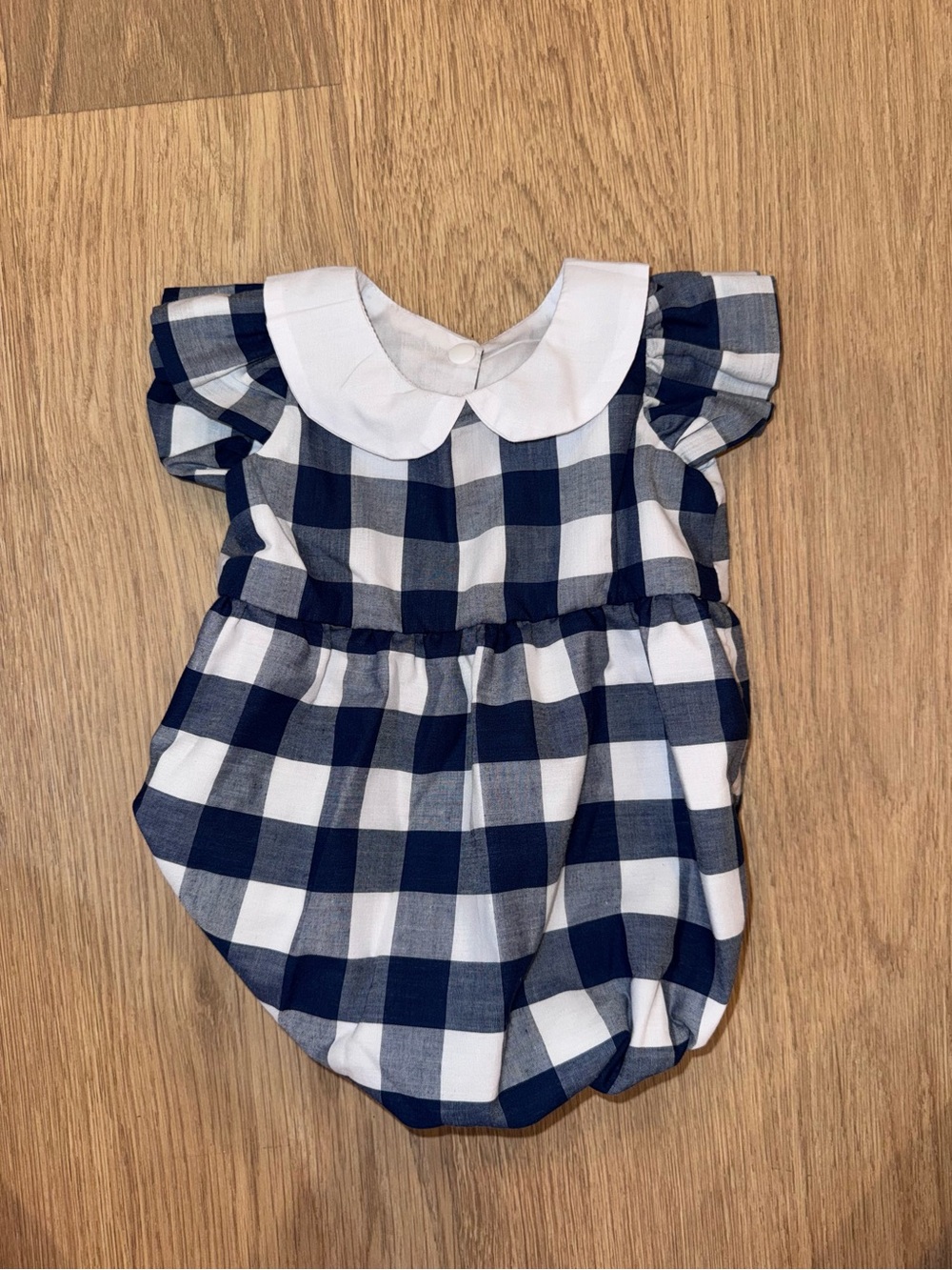 Navy and White Gingham Baby Bubble Romper with Peter Pan Collar